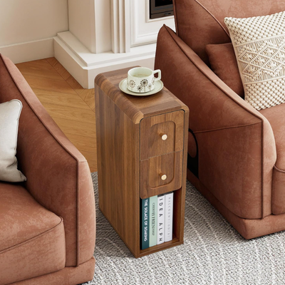 Narrow Nightstand with 2 Drawers, Small Bedside Tables, Mid-Century Modern Slim Night Stand with Storage, Wooden End Table for Small Spaces, Bedroom, Living Room - 13.8" x 7.9" x 23.6"/Brown